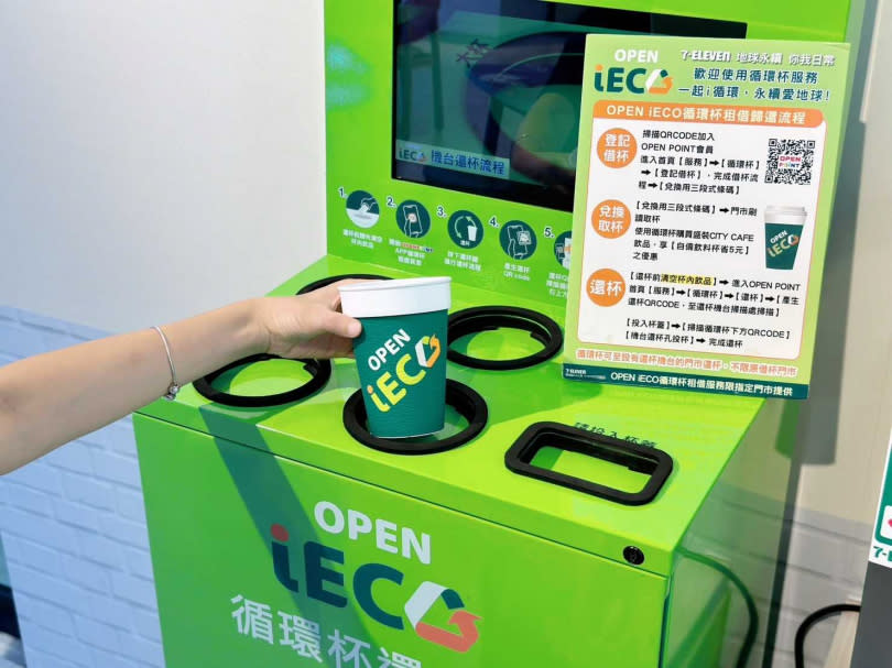 7-ELEVEN超過500家門市導入統一集團自建永續循環系統「OPEN iECO循環杯機」，便利顧客A店租借B店歸還。（圖／統一超提供）