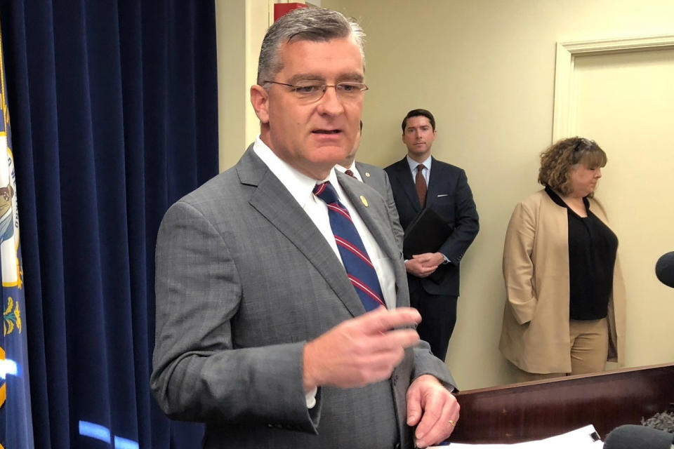 FILE - Republican state Sen. Robby Mills discusses a bill in Frankfort, Ky., on Jan. 8, 2020. Kentucky's Democratic governor on Wednesday vetoed a bill that would bar transgender girls and women from participating in school sports matching their gender identity from sixth grade through college. Mills was the bill’s lead sponsor. (AP Photo/Bruce Schreiner, File)