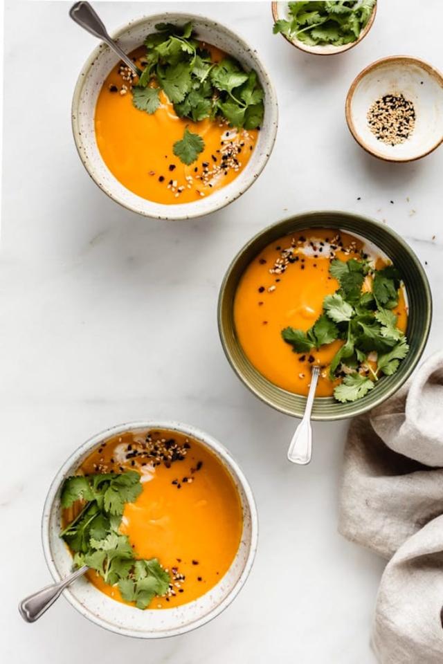 Roasted Carrot Sweet Potato Ginger Soup - Choosing Chia