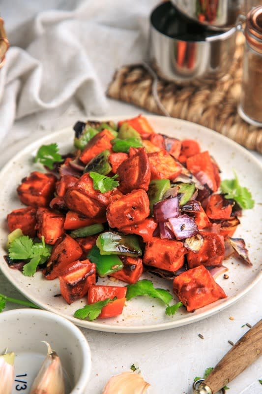 <p>The Chutney Life</p><p>Fresh, juicy, crunchy cubes of Paneer marinated in delicious Indian-inspired spices and air fried.</p><p><strong>Get the recipe here: <a href="https://thechutneylife.com/recipes/air-fryer-paneer-tikka/" rel="nofollow noopener" target="_blank" data-ylk="slk:Paneer Tikka;elm:context_link;itc:0;sec:content-canvas" class="link ">Paneer Tikka</a></strong></p>