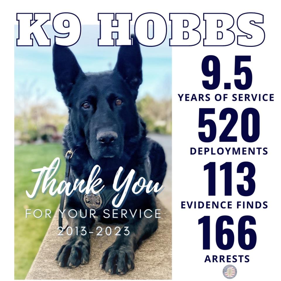 K-9 Hobbs and his partner, Sgt. Jason Robinson, have responded to more than 500 calls and events, apprehended about 166 suspects, and found 113 pieces of evidence, according to Edmonds police.