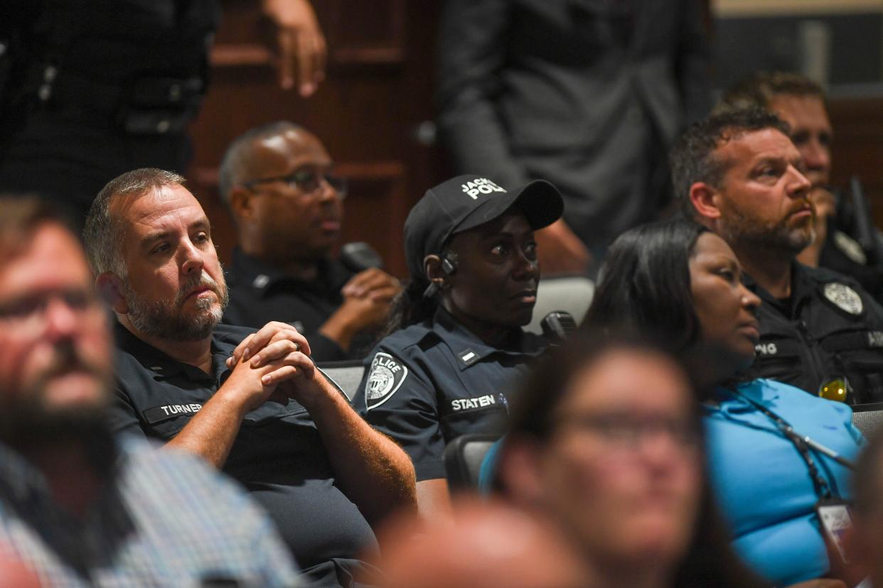 Jackson police officers seen in attendance during a special-called City Council meeting inside Jackson City Hall, Jackson, TN, on Friday, July 12, 2024.