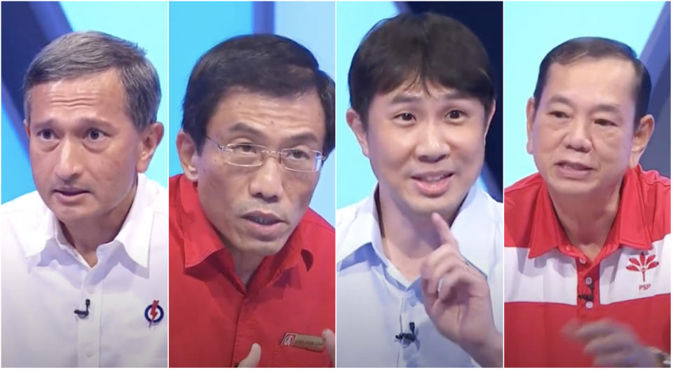 (From left to right): PAP's Vivian Balakrishnan, SDP's Chee Soon Juan, WP's Jamus Lim and PSP's Francis Yuen. (SCREENCAPS: CNA)