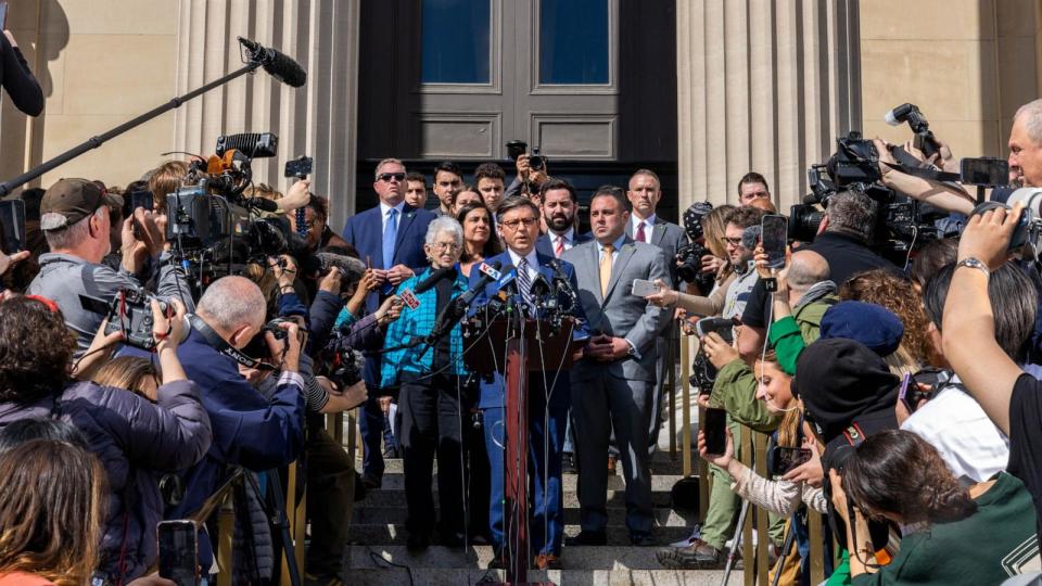 PHOTO: Speaker of the House Mike Johnson (R-LA) speaks during a press conference at Columbia University on April 24, 2024 in New York City. (Alex Kent/Getty Images)