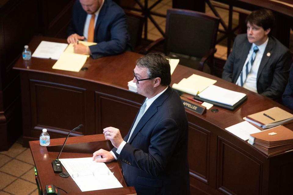 Attorney Mark Nelson, representing Mississippi Supreme Court Chief Justice Michael K. Randolph, addresses the Supreme Court during oral arguments regarding HB 1020 in Jackson, MIss.,  Wednesday, July 6, 2023. HB 1020 would significantly increase state control over Jackson's judicial system and policing.