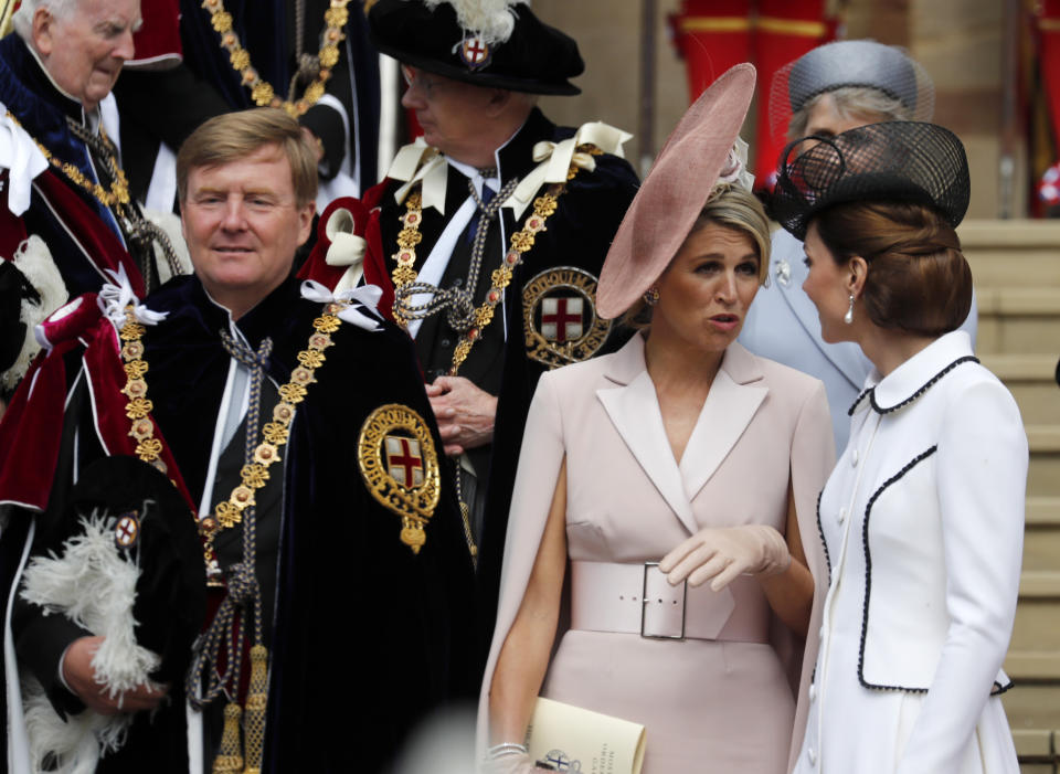 WINDSOR, ENGLAND - JUNE 17: King Willem-Alexander of the Netherlands, Queen Maxima of the Netherlands and Catherine, Duchess of Cambridge leave the Order of the Garter Service on June 17, 2019 in Windsor, England. The Order of the Garter is the senior and oldest British Order of Chivalry, founded by Edward III in 1348. The Garter ceremonial dates from 1948, when formal installation was revived by King George VI for the first time since 1805. (Photo by Frank Augstein - WPA Pool/Getty Images)