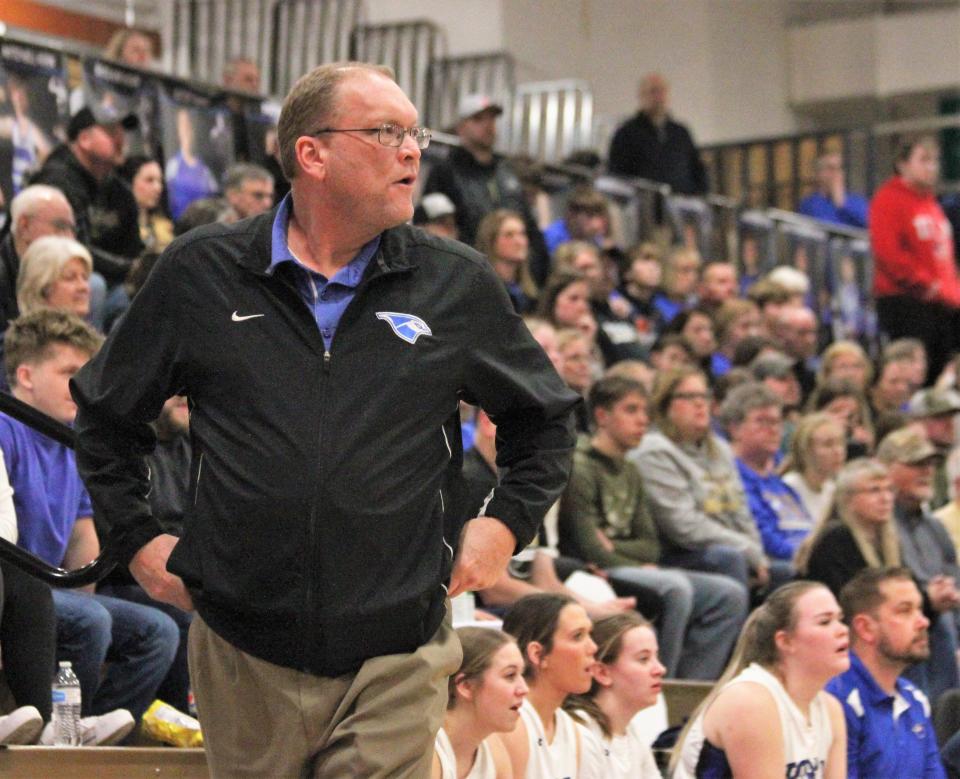 Petersburg PORTA/A-C Central girls basketball assistant coach Mark Cox acted as the head coach for Eric Kesler in the Class 2A PORTA Regional final against Camp Point Central/Southeastern on Thursday, Feb. 16, 2023. Kesler was out due to illness.