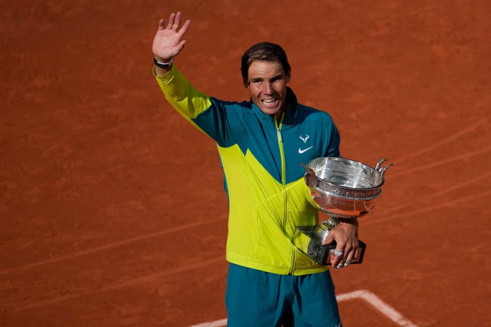 Rafael Nadal holds the French Open trophy (Christophe Ena/AP) (AP)