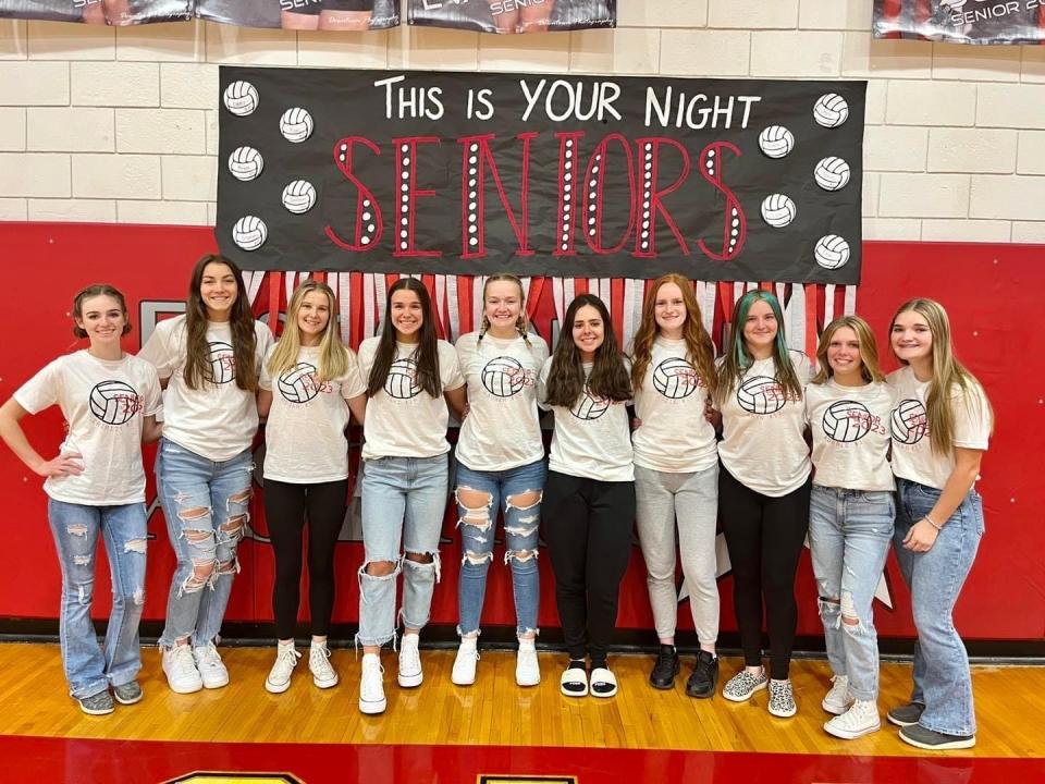 The East Clinton girls volleyball team celebrated Senior Night Oct. 10 honoring the seniors, from left, Trinity Bain, Libby Evanshine, Megan Tong, Kami Whiteaker, Lauren Stonewall, Luisa Rigolin, Jozie Jones, Eryn Bowman, Aubrey Simpson and Savannah Tolle. The girls beat Georgetown 3-0, 25-12, 25-7, 25-16.