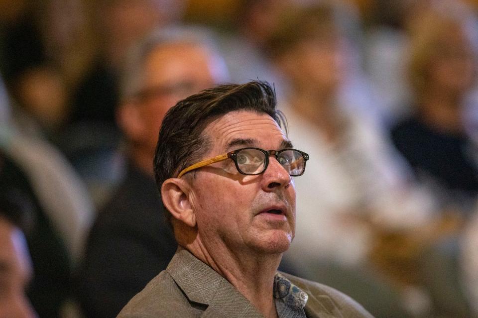 John Gamlin, president of Coral Mountain Wave Development LLC, listens to public comment against the proposed Coral Mountain Resort and wave pool during a La Quinta Planning Commission meeting at La Quinta City Hall in La Quinta, Calif., Tuesday, March 22, 2022.