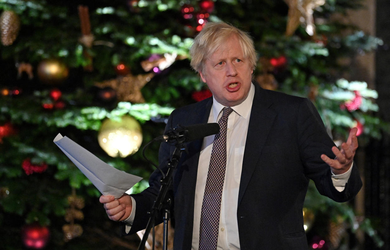 Prime Minister Boris Johnson makes a speech as he visits a UK Food and Drinks market which has been set up in Downing Street, London. Picture date: Tuesday November 30, 2021.