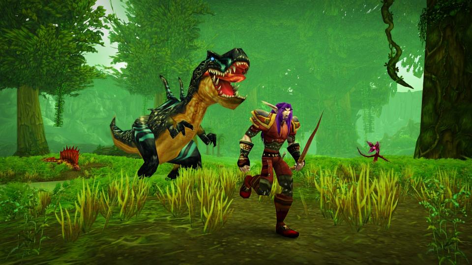  A WoW Classic player chased by a dinosaur in a green forest 