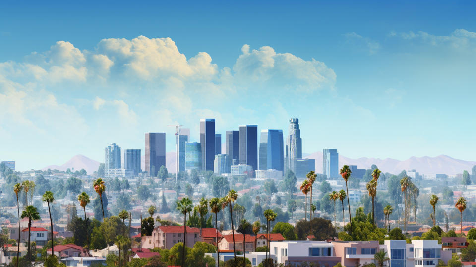A bustling city skyline punctuated by a Los Angeles Real Estate Investment Trust property.