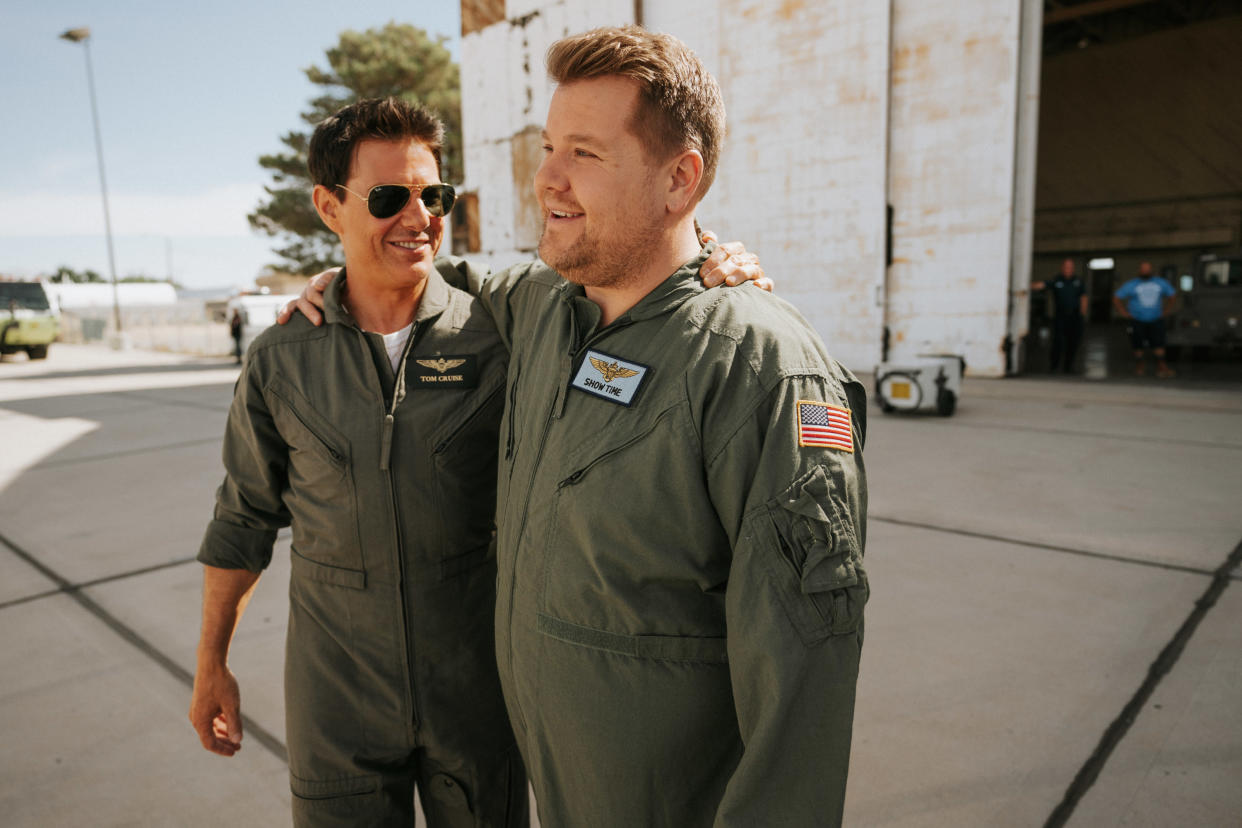 Tom Cruise and James Corden at an airfield filming for The Late Late Show