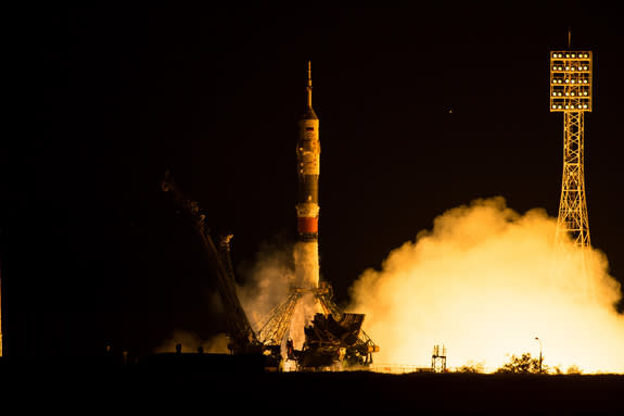 A Russian Soyuz TMA-17M rocket launches three new members of the International Space Station's Expedition 44 crew on July 22, 2015 from Baikonur Cosmodrome, Kazakhstan, where the local time was early July 23. The Soyuz carried NASA astronaut Kj