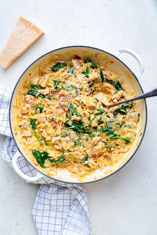 <p>Super Golden Bakes</p><p>This creamy leftover turkey pasta is great for using up your Thanksgiving turkey. It is quick, easy and delicious. </p><p><strong>Get the recipe: <a href="https://www.supergoldenbakes.com/orzo-pasta-recipe/" rel="nofollow noopener" target="_blank" data-ylk="slk:Creamy Leftover Turkey Pasta;elm:context_link;itc:0;sec:content-canvas" class="link rapid-noclick-resp">Creamy Leftover Turkey Pasta</a></strong></p>