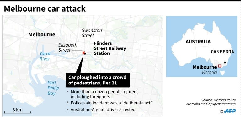 Close-up map of Melbourne locating the area where a car ploughed into a crowd