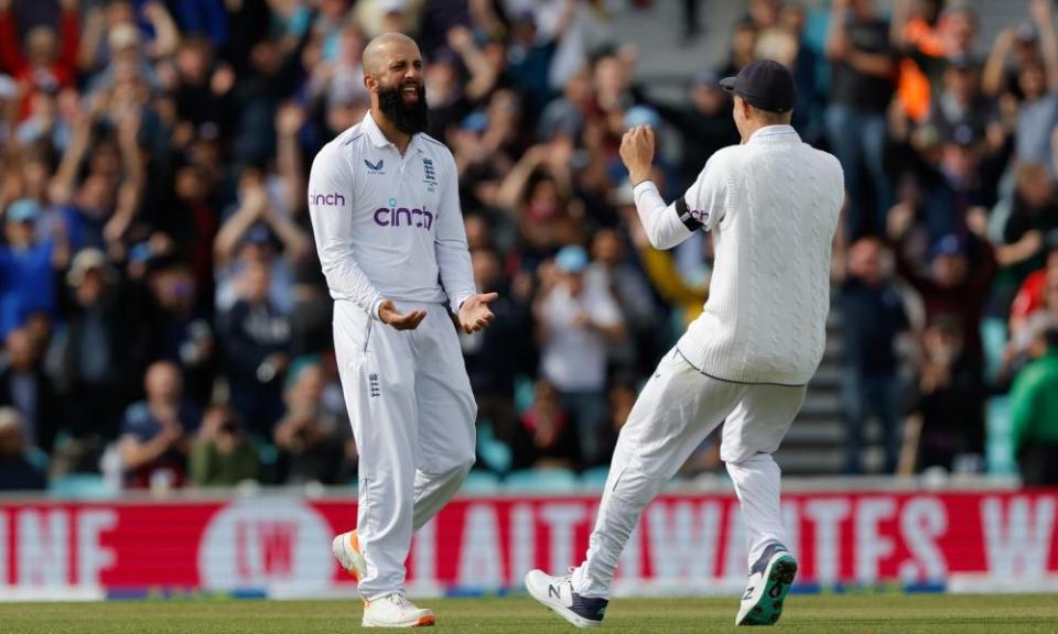 Moeen Ali (left) celebrates finishing his last Ashes series in style