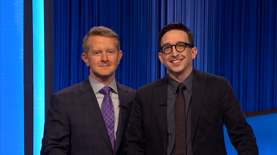 Matt Harvey, a health care administrator from Providence, with Ken Jennings, host of "Jeopardy!"