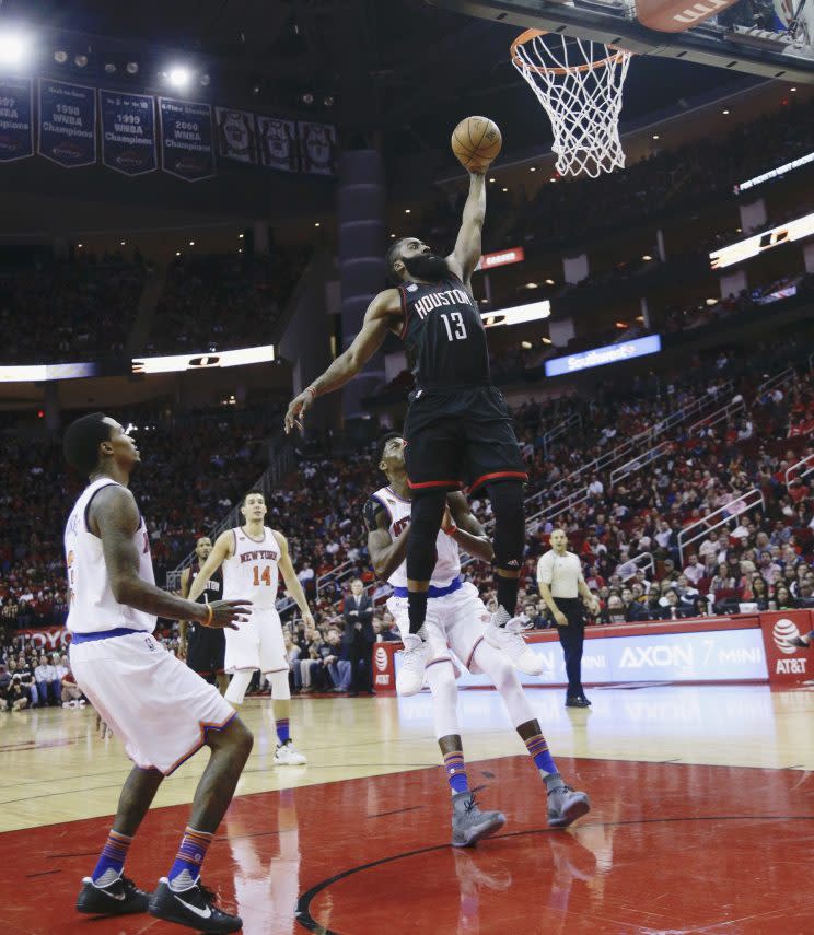 James Harden put up numbers on Saturday that the NBA had never seen before. (AP Photo)