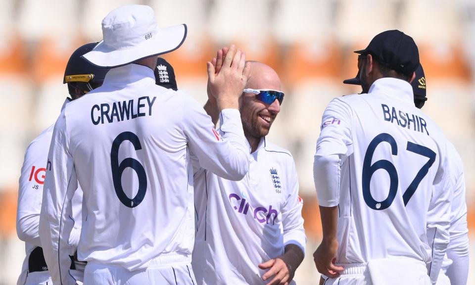 <span>Jack Leach celebrates the wicket of Shaheen Shah Afridi on the final day in Multan.</span><span>Photograph: Stu Forster/Getty Images</span>