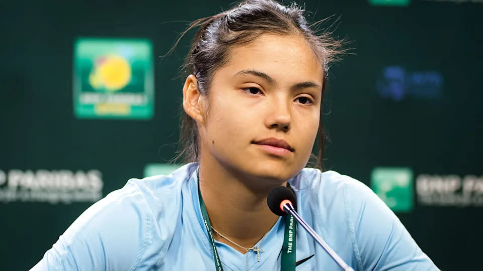 Pictured here, Emma Raducanu speaks to the media at the Indian Wells tournament.