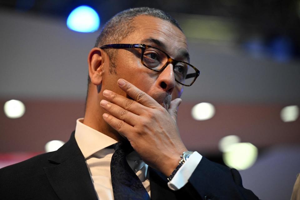 Britain’s Foreign Secretary James Cleverly attends the third day of the annual Conservative Party Conference (AFP via Getty Images)