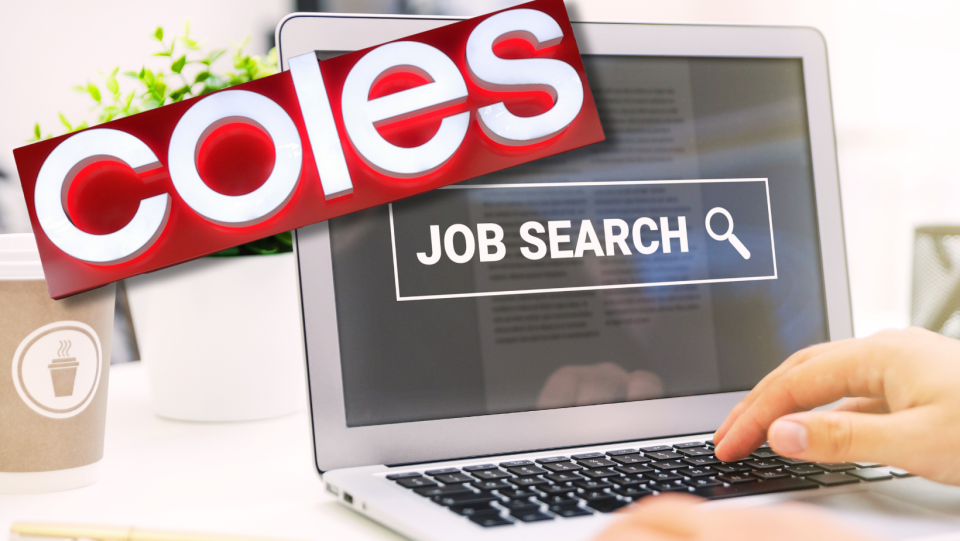 Coles emblem on top of a person searching for a job on a computer.