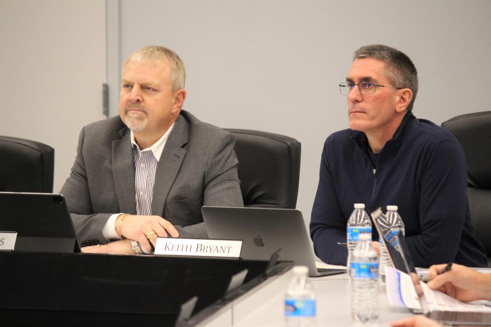 Lubbock-Cooper Superintendent Keith Bryant, right, and school board President Paul Ehlers listen to public comment at an LCISD school board meeting on Jan. 5. The board convened to adopt a resolution condemning racism.