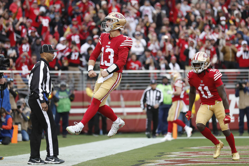 Brock Purdy (13) has the 49ers humming and among the Super Bowl favorites &#x002014; and yet there are two other QBs on the roster they might choose to start over him next season. (AP Photo/Jed Jacobsohn)