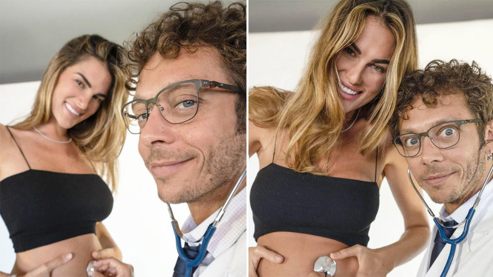 Pictured here, Valentino Rossi dressed as a doctor to reveal he and his wife's big baby news.