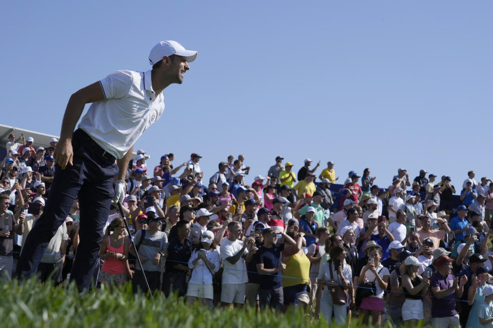 Tennis player Novak Djokovic reacts after playing his tee shot on the 17th hole during an all stars golf match between Team Colin Montgomerie and Team Cory Pavin at the Marco Simone Golf Club in Guidonia Montecelio, Italy, Wednesday, Sept. 27, 2023. The Ryder Cup starts Sept. 29, at the Marco Simone Golf Club. (AP Photo/Andrew Medichini)