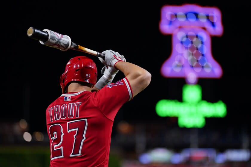 Los Angeles Angels' Mike Trout plays during a baseball game