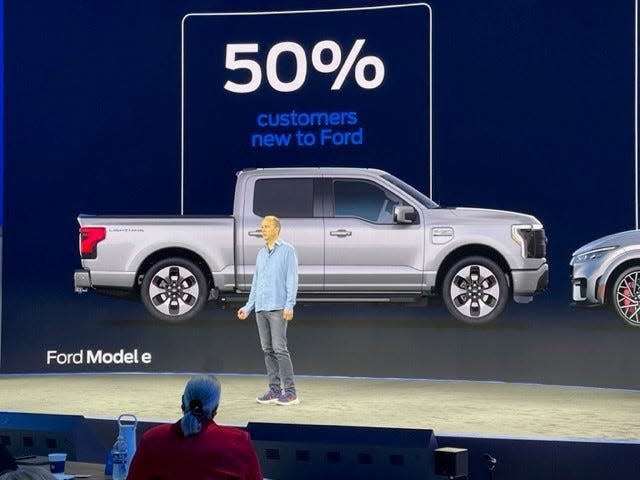 Doug Field, Ford chief advanced product development and technology officer, leads electric vehicles and digital systems within Ford Model e. He is seen here speaking on Capital Markets Day to investor analysts at the Ford Experience Center in Dearborn on May 22, 2023.
