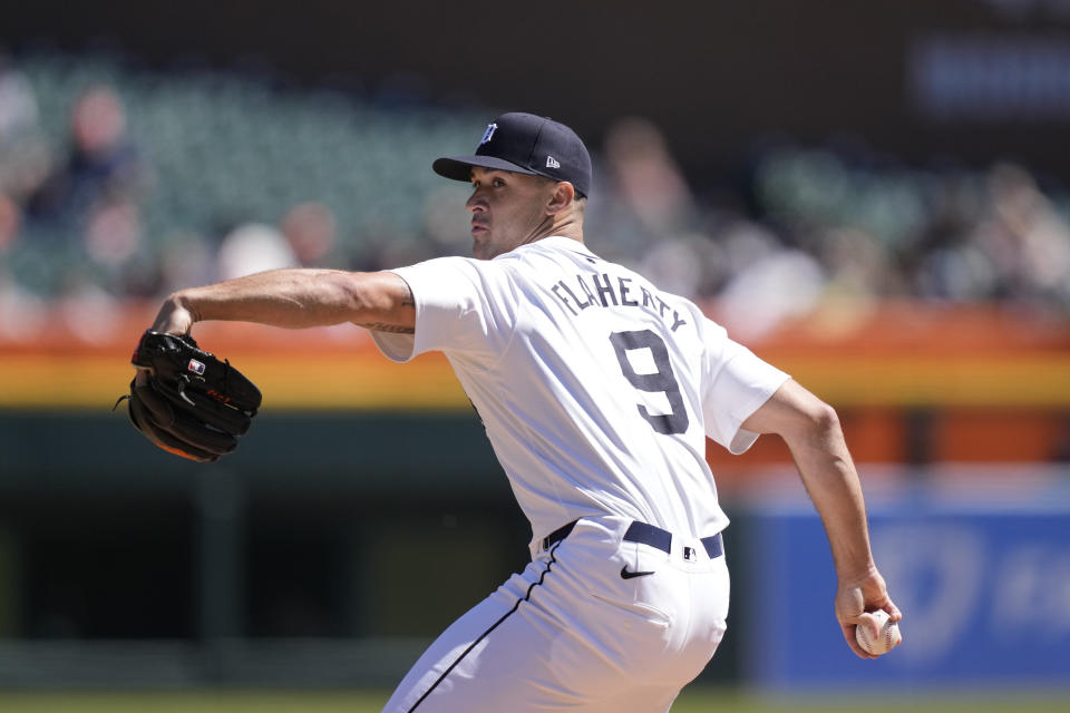 Detroit Tigers pitcher Jack Flaherty throws during thej fourth inning of a baseball game against the Oakland Athletics, Sunday, April 7, 2024, in Detroit. (AP Photo/Carlos Osorio)