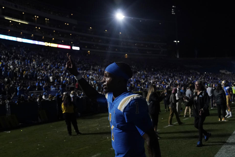 UCLA quarterback Dorian Thompson-Robinson (1) walks off the field after a 40-32 win over Washington during the second half of an NCAA college football game Friday, Sept. 30, 2022, in Pasadena, Calif. (AP Photo/Marcio Jose Sanchez)