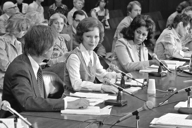 HUM Images/Universal Images Group via Getty First lady Rosalynn Carter chairs a meeting in Chicago for the President's Commission on Mental Health in April 1977