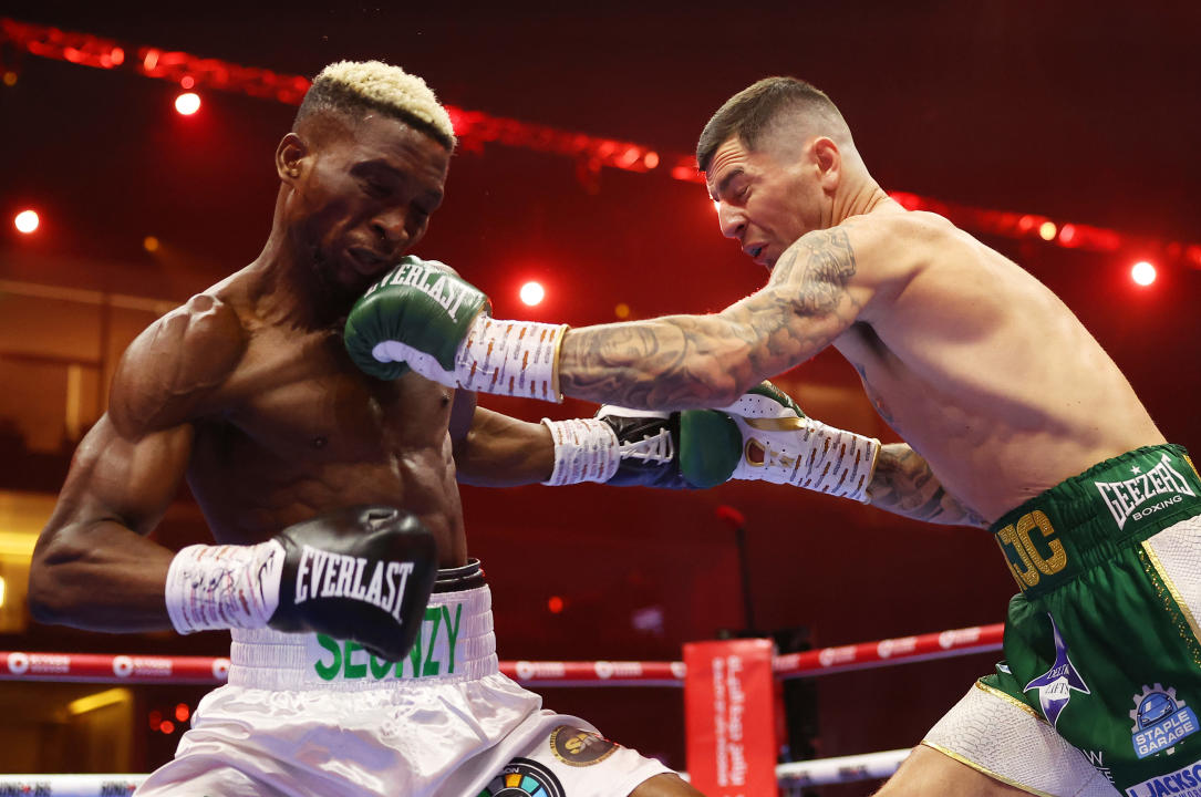 RIYADH, SAUDI ARABIA - MAY 18: Mark Chamberlain defeats Joshua in the WBC Silver Lightweight title fight between Mark Chamberlain and Joshua Oluwasun Wahab on May 18, 2024 at Kingdom Arena in Riyadh, Saudi Arabia. - Punches Oluwasun Wahab and knocks him down.  (Photo by Richard Pelham/Getty Images)