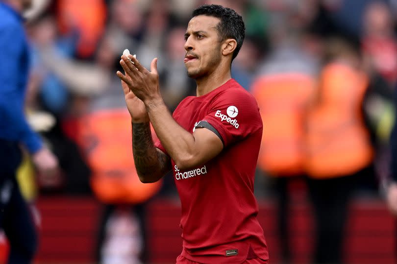 Thiago Alcantara applauds the Liverpool fans following last season's win over Nottingham Forest at Anfield