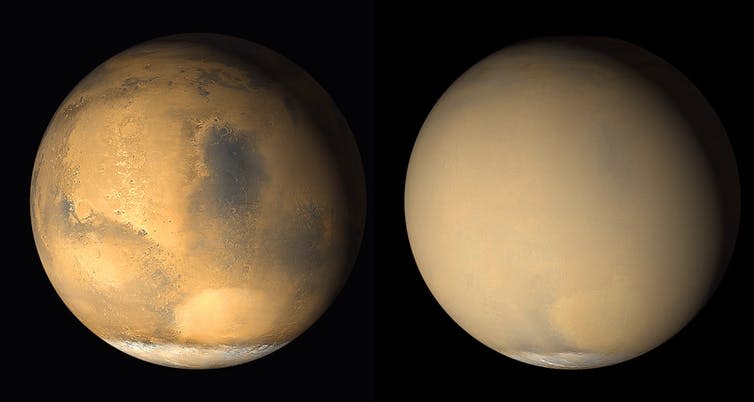 Two pictures of Mars. On the left its surface is visible, on the right it is obscured by dust.