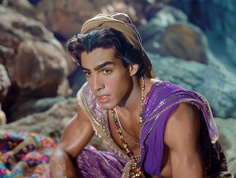 Character in lavish costume with cape and turban, from the film "Ali Baba and the Forty Thieves."