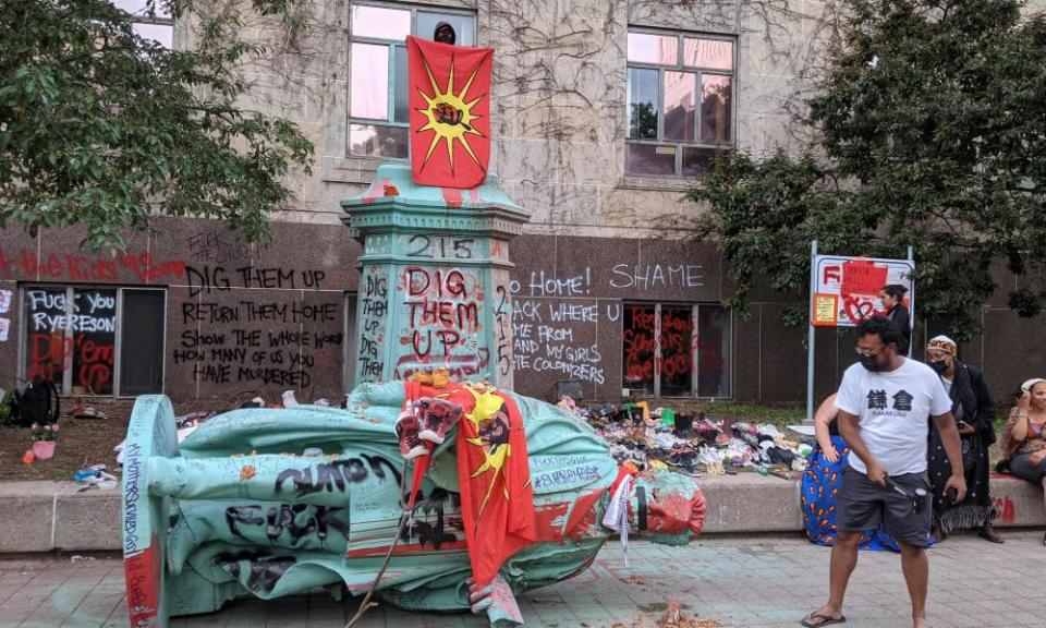 A statue of Egerton Ryerson, one of the architects of Canada’s indigenous boarding school system, was felled in June following a protest on the campus of the university that bears his name in downtown Toronto.