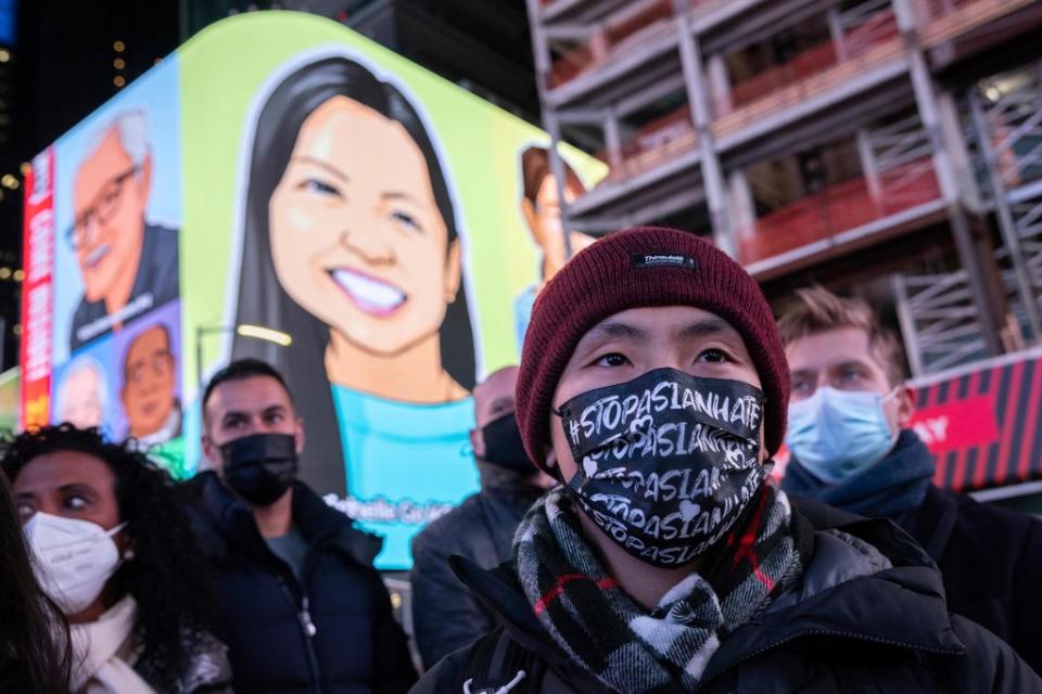 New Yorkers turned out in large numbers to call for an end to anti-Asian hate crimes after Michelle Go was killed when she was pushed onto subway tracks (The Associated Press)