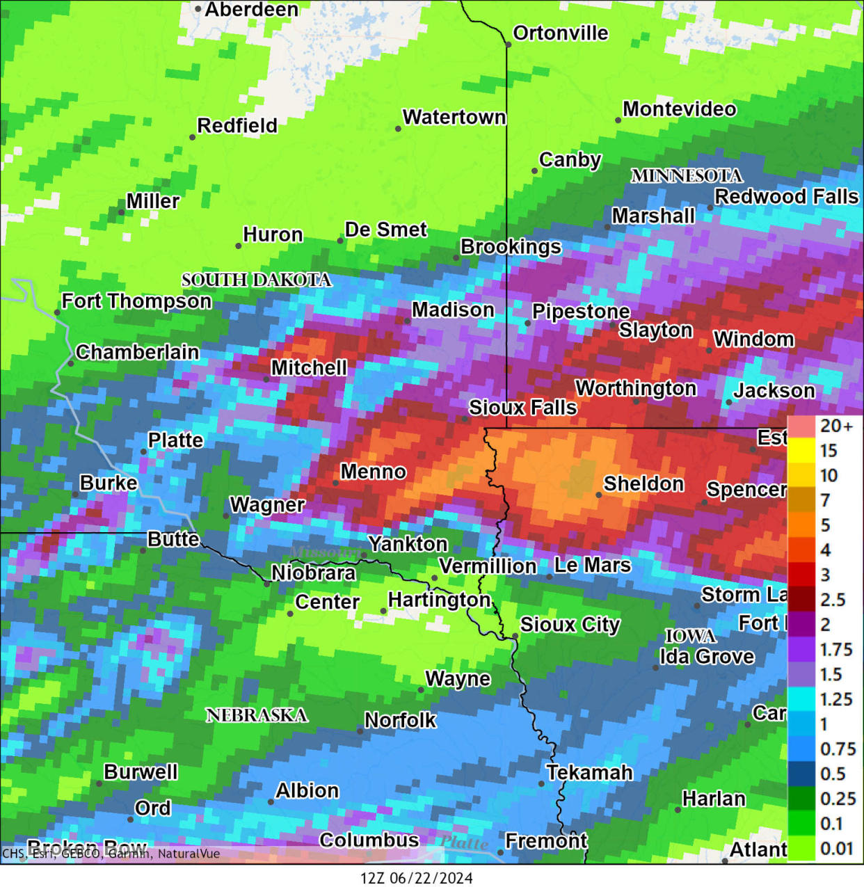 A National Weather Service map shows extreme rainfall over 24 hours from 7 a.m. Friday to 7 a.m. Saturday in northwest Iowa and neighboring states.