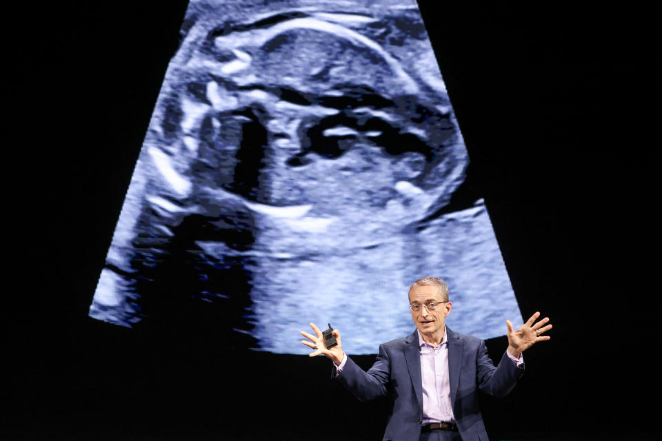 Intel CEO Pat Gelsinger demonstrates an ultrasound monitoring heartbeats in real time during his keynote speech at Taipei Nangang Exhibition Center during Computex 2024, in Taipei on June 4, 2024. (Photo by I-Hwa CHENG / AFP) (Photo by I-HWA CHENG/AFP via Getty Images)