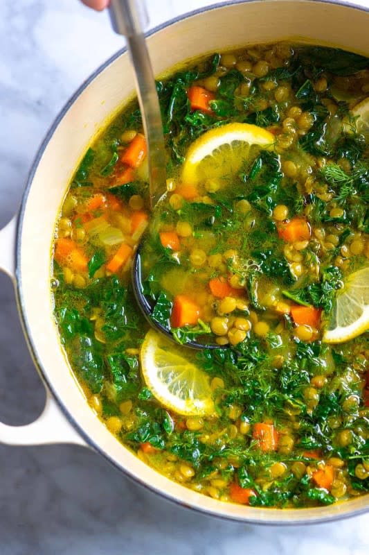 <p>Inspired Taste</p><p>Make this soup with lentils, carrots, turmeric and fresh lemon whenever you're in need of some healthy comfort food. It’s savory, satisfying and utterly delicious.</p><p><strong>Get the recipe: <a href="https://www.inspiredtaste.net/40400/lentil-soup/" rel="nofollow noopener" target="_blank" data-ylk="slk:Lentil Soup with Lemon and Turmeric;elm:context_link;itc:0;sec:content-canvas" class="link ">Lentil Soup with Lemon and Turmeric</a></strong></p>