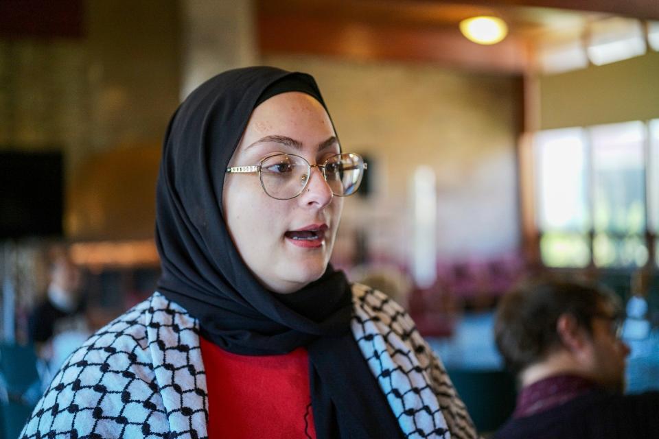 Michigan State University student Alissa Hakim, talks about the uncommitted vote in the Michigan Democratic primary at a "Path to a Free Palestine" event at University United Methodist Church in East Lansing on Saturday, April 13, 2024.