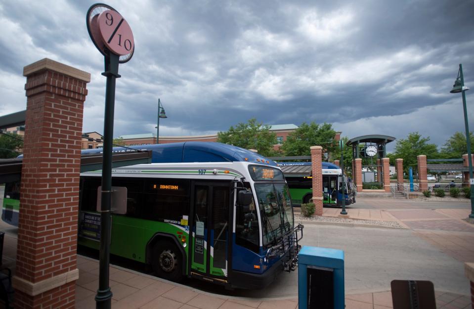 In this file photo, Transfort buses wait to depart at the Downtown Transit Center in Fort Collins on July 13, 2020.