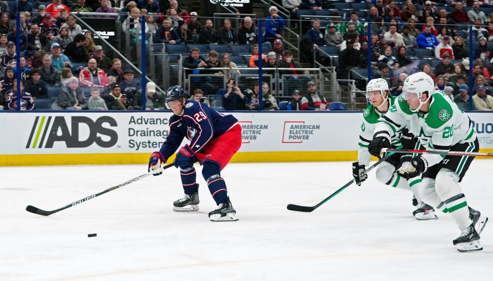 Dec 19, 2022; Columbus, Ohio, USA; Columbus Blue Jackets left wing Patrik Laine (29) looks to shoot on goal against Dallas Stars during the first period of their NHL at Nationwide Arena. 