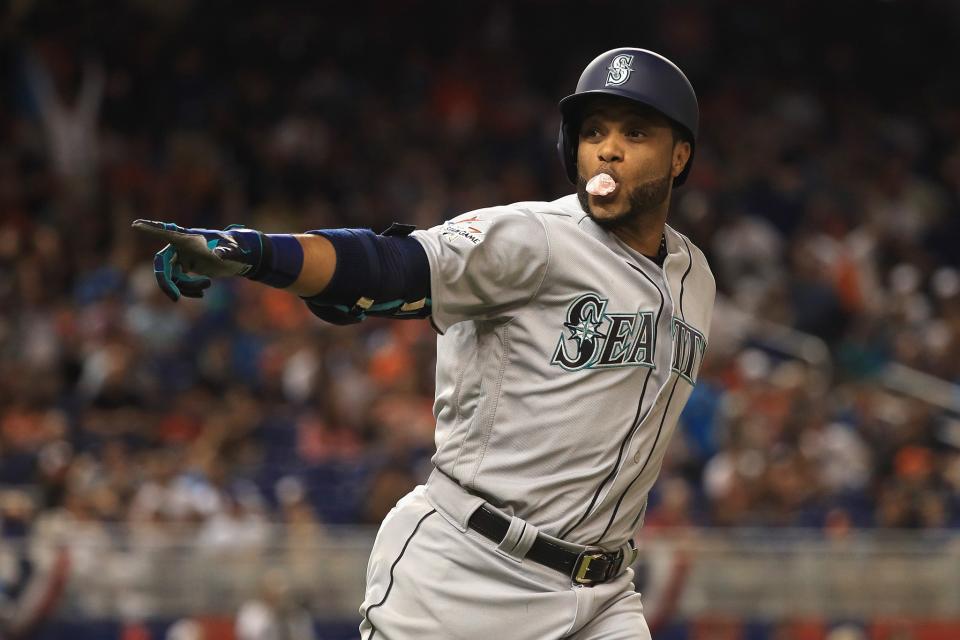 Robinson Cano #22 of the Seattle Mariners and the American League celebrates hitting a home run in the tenth inning against the National League during the 88th MLB All-Star Game at Marlins Park on July 11, 2017 in Miami, Florida.